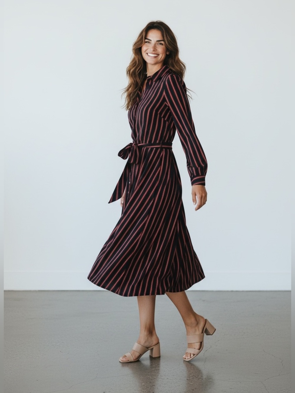 NWT Anne Klein Striped long sleeve Wrap Dress in Navy and Red Sz S